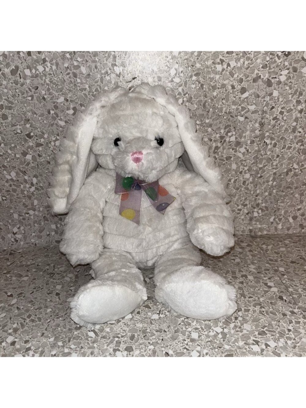 American Greetings 12" White Bunny Rabbit Plush Bow Pink Nose Ribbed Easter